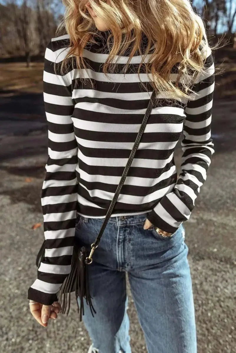 Striped Turtleneck Long Sleeve Knit Top - Love Salve
